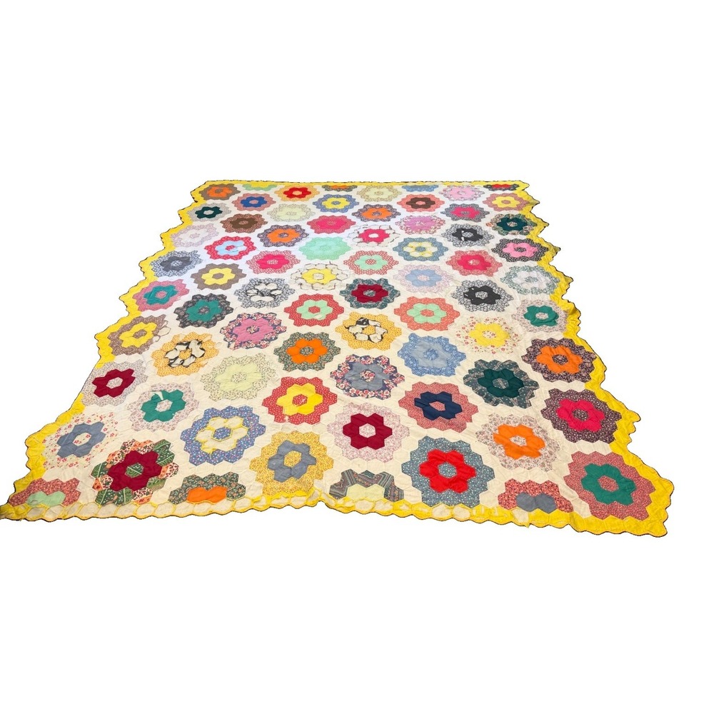 Vintage Grandmother's Flower Garden Quilt 89" X 105"Hexagons Repairs Cutter
